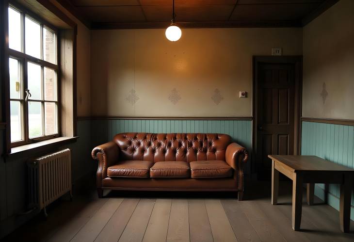 Cozy Vintage Living Space with Leather Sofa, Wooden Table, and Ceiling Light